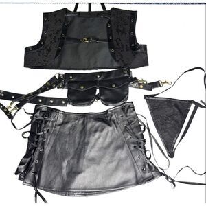 Black Faux Leather Lace Festival Costume Set Corset Skirt Utility Belt Size M